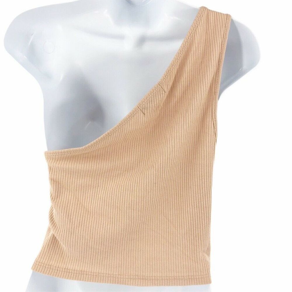 LAST CHAMCE! Topshop One Shoulder Ribbed Top Beige 12 - Picture 2 of 5